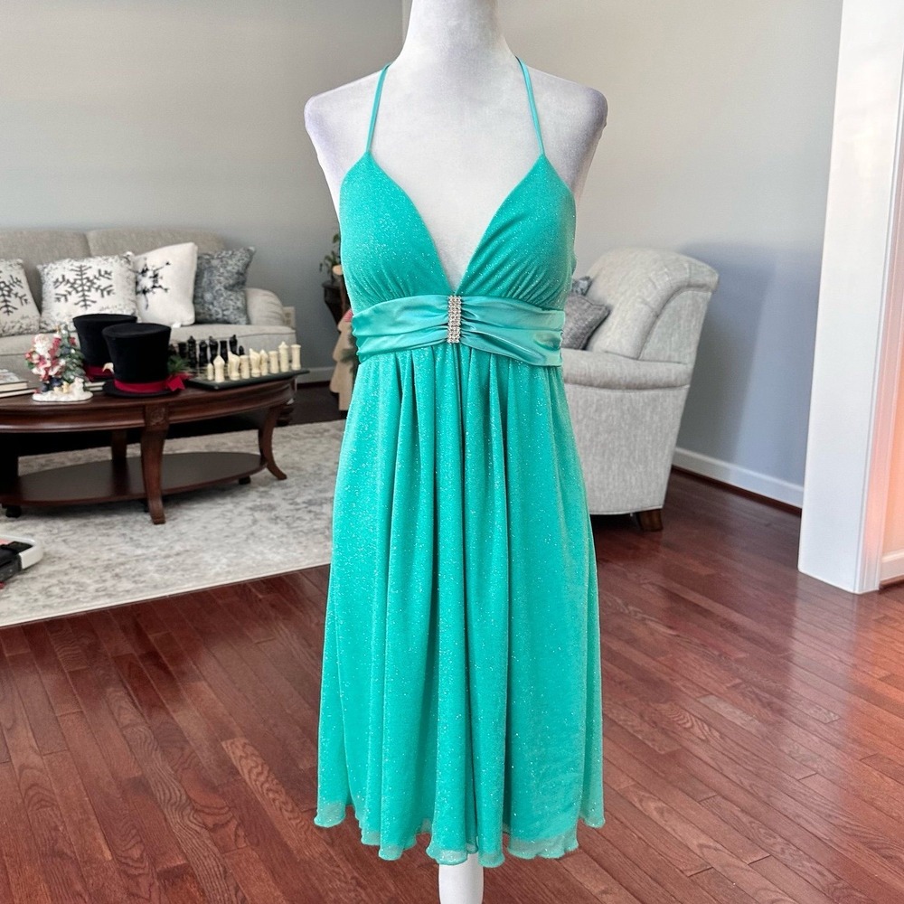 Vintage B Wear Teal Glitter Green Cocktail Halter Sexy Dress